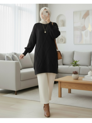 Baklava Desenli Yumoş Triko Tunik -Siyah