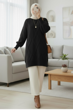 Baklava Desenli Yumoş Triko Tunik -Siyah