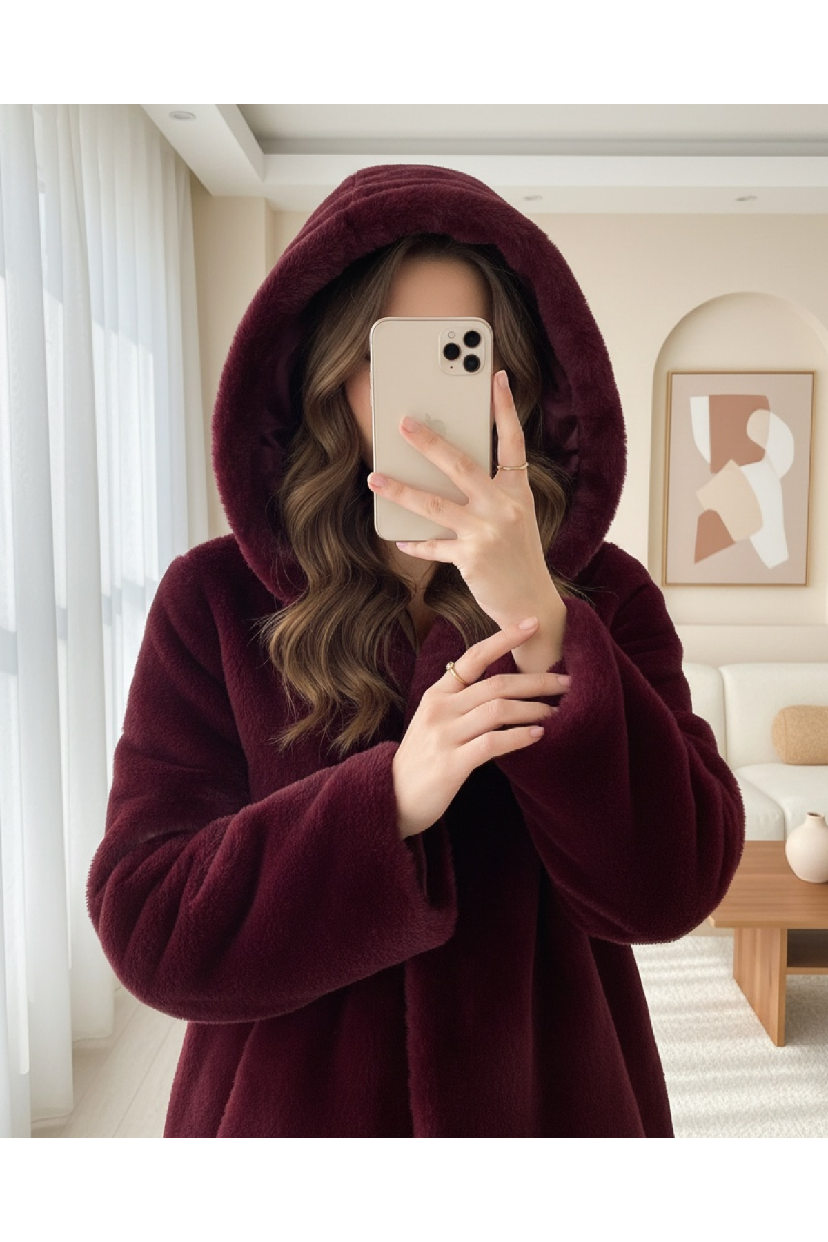 Kapşonlu Önü Düğmeli Astarlı Peluş Kaban -Bordo