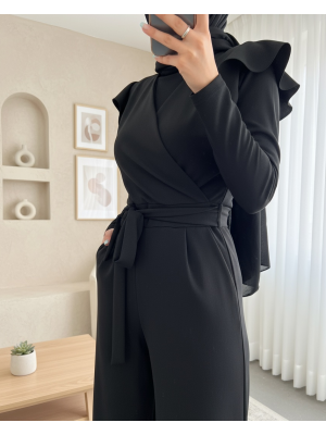 Fermuar Detaylı Fırfırlı Tulum -Siyah