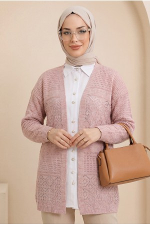 Ajurlu Mevsimlik Triko Hırka   -Pudra