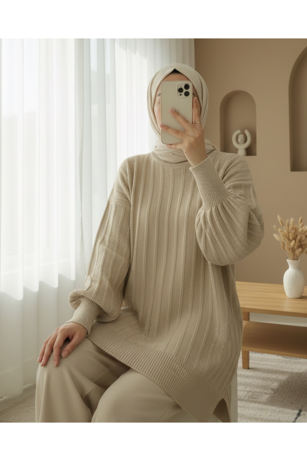 Fitilli Yırtmaçlı Yumoş Triko Tunik -Açık Vizon