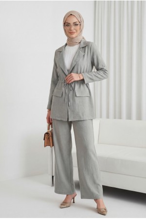 Kapaklı Tünel Köprülü Ceketli Keten Takım      -Açık Gri