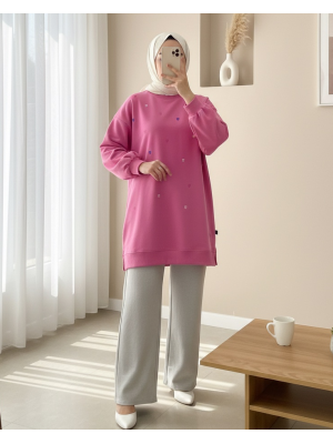 Yuvarlak Yaka Kalp Desenli Penye Tunik  -Pembe