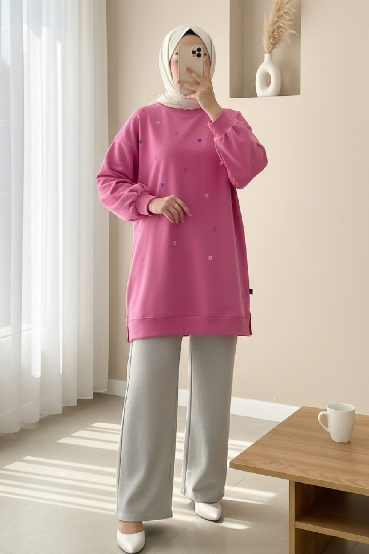 Yuvarlak Yaka Kalp Desenli Penye Tunik  -Pembe