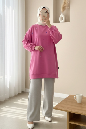 Yuvarlak Yaka Kalp Desenli Penye Tunik  -Pembe