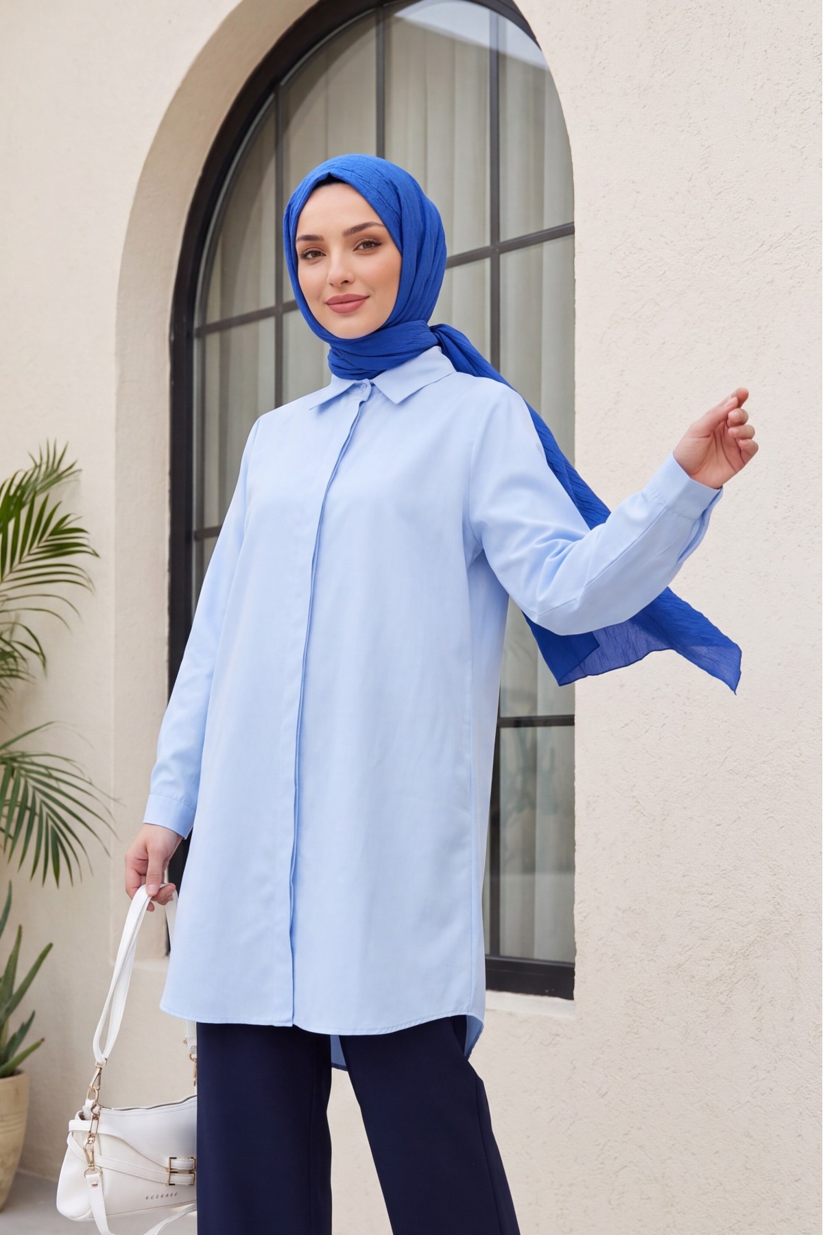 Oval Cut Long Shirt with Hidden Buttons -Baby Blue