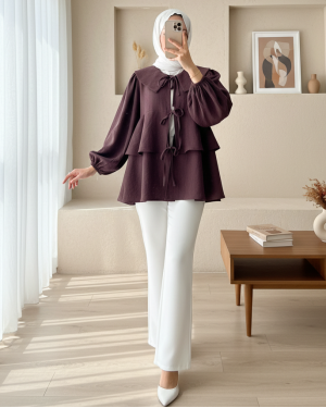 Peter Pan Collar Kimono with Tied Front and Layered Skirt -Damson