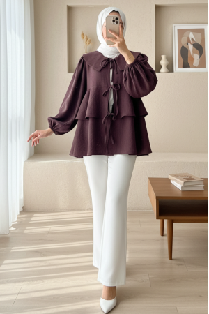Peter Pan Collar Kimono with Tied Front and Layered Skirt -Damson