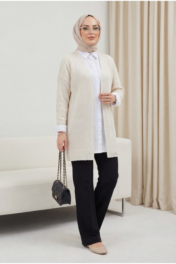 Openwork Cardigan with Patterned Skirt -Stone
