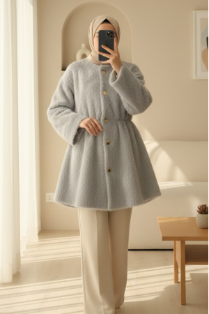 Furry Jacket with Lining and Drawstring Waist - Light grey