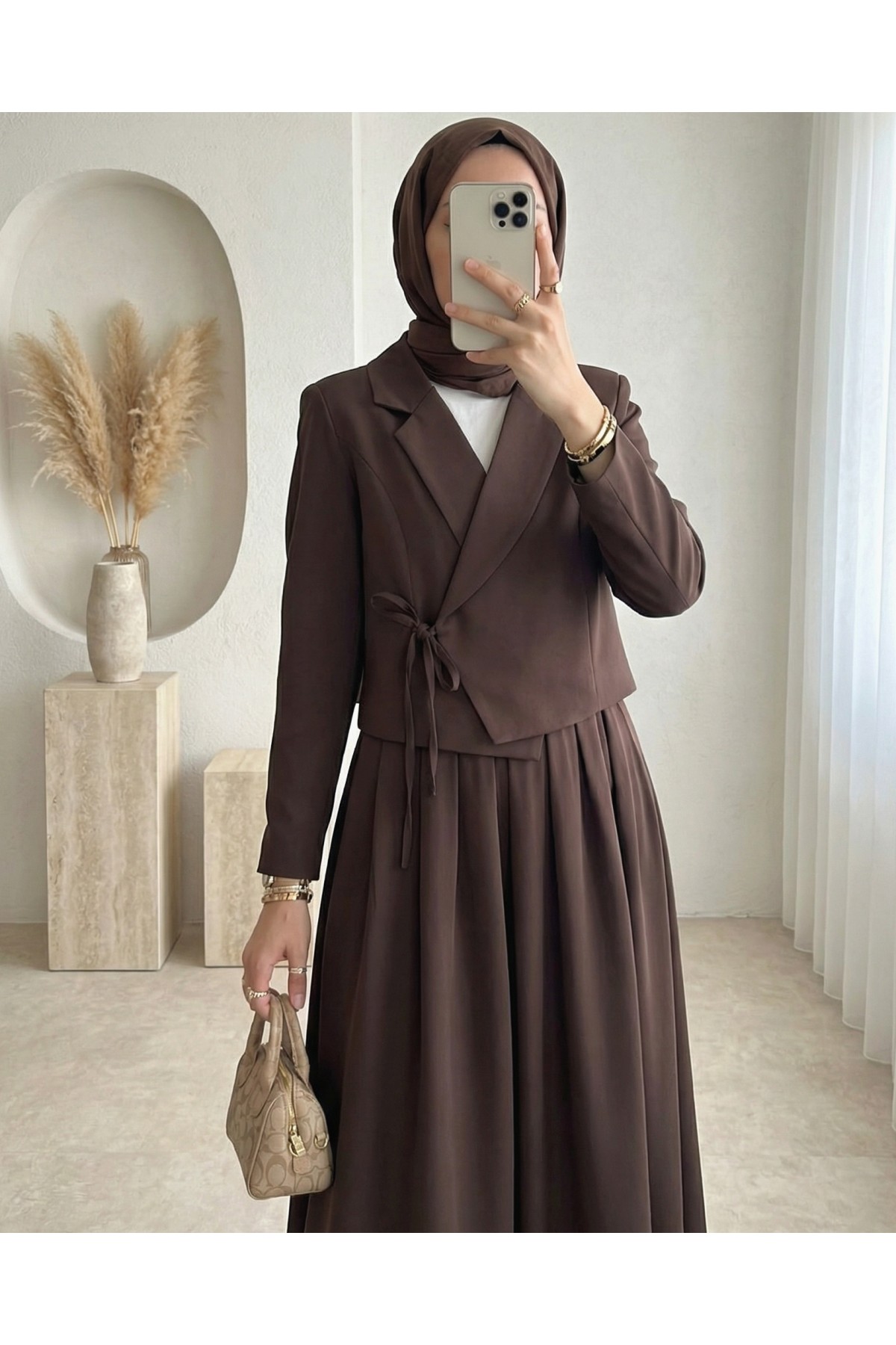 Front-tie Skirt and Jacket Two-Piece Set -Dark Coffee