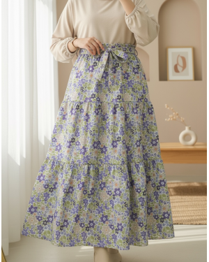 Beli Kemerli Çiçekli Parçalı Etek -Mor