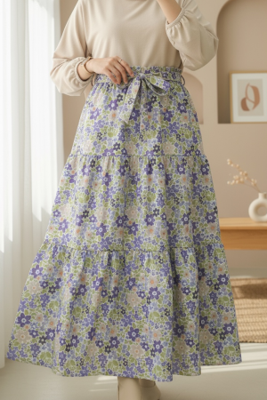 Beli Kemerli Çiçekli Parçalı Etek -Mor