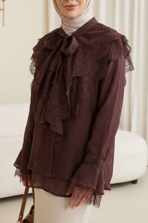 Long Back Cupra Shirt with Lace Detail and Lace Neckline -Damson