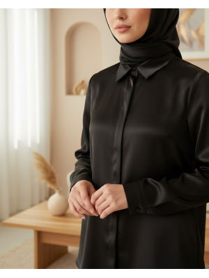 3964 Hafif Dökümlü Saten Gömlek - Siyah