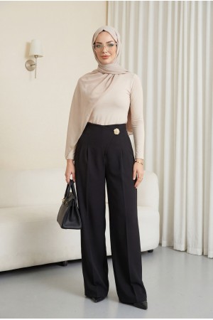 Yandan Fermuarlı Broşlu Katlama Detaylı Bol Paça Krep Pantolon  -Siyah
