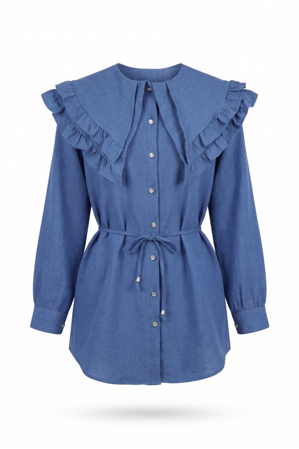 Linen Tunic with Double Layer Ruffled Collar, Buttoned Waist, and Drawstring -İndigo