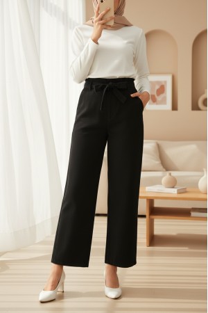 Beli Kuşaklı Lastikli Cepli Kot Pantolon -Siyah