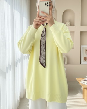 تونيك محبوك كاجوال برقبة دائرية وموشح -أصفر فاتح