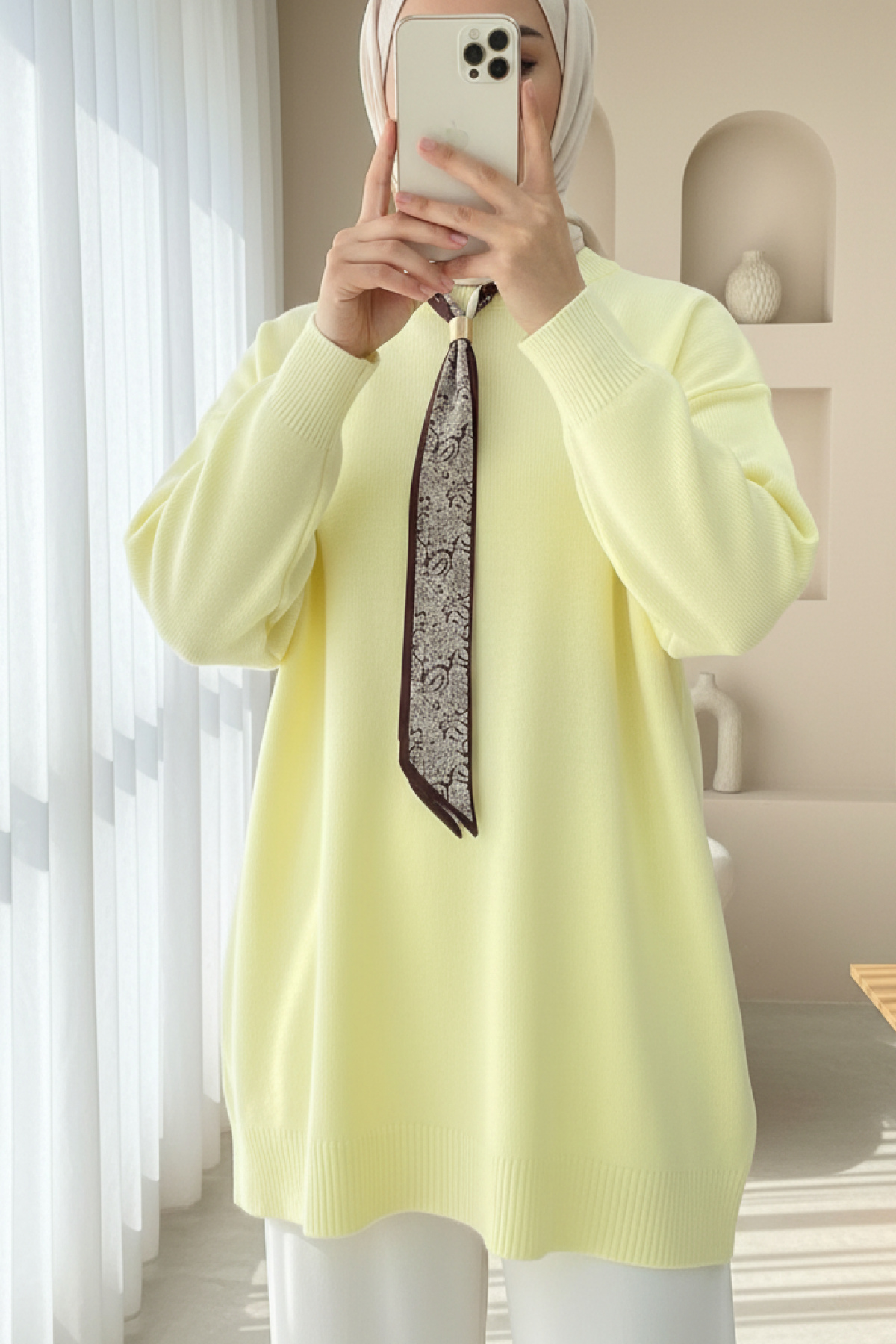 Round Neck Scarfed Casual Knit Tunic -Light yellow