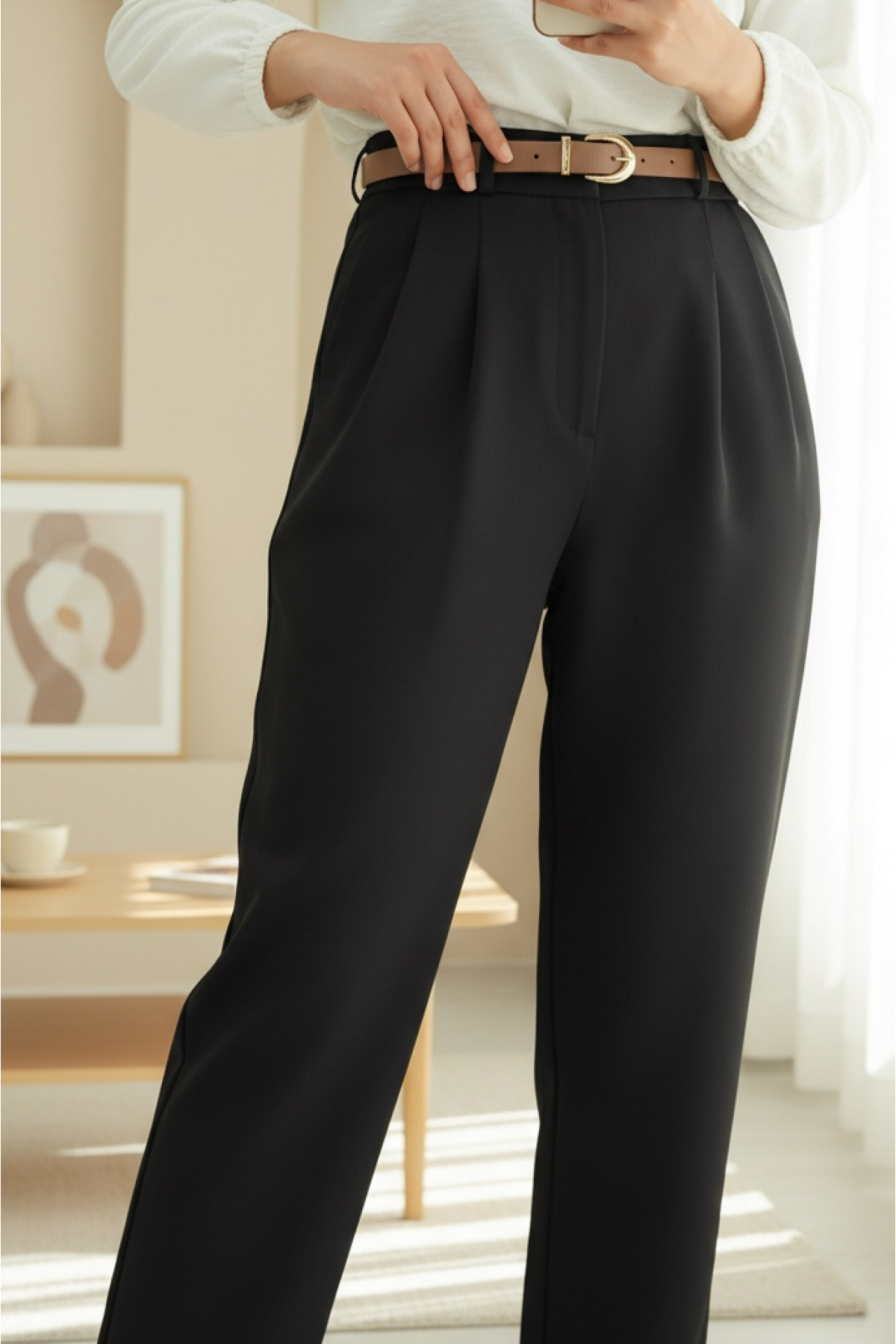 Pleated Pocket Belted Ankle Trousers -Black