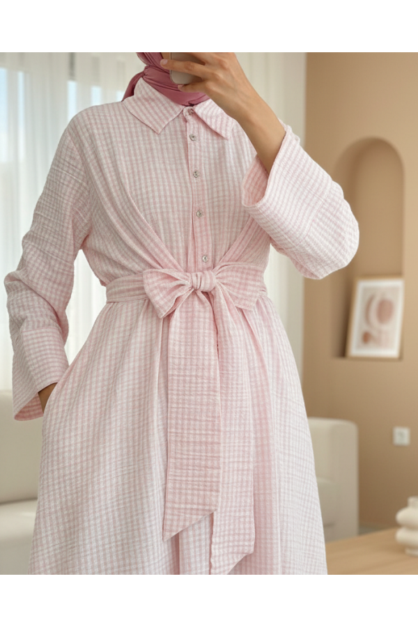 Half Buttoned Waist Tied Striped Dress -Powder