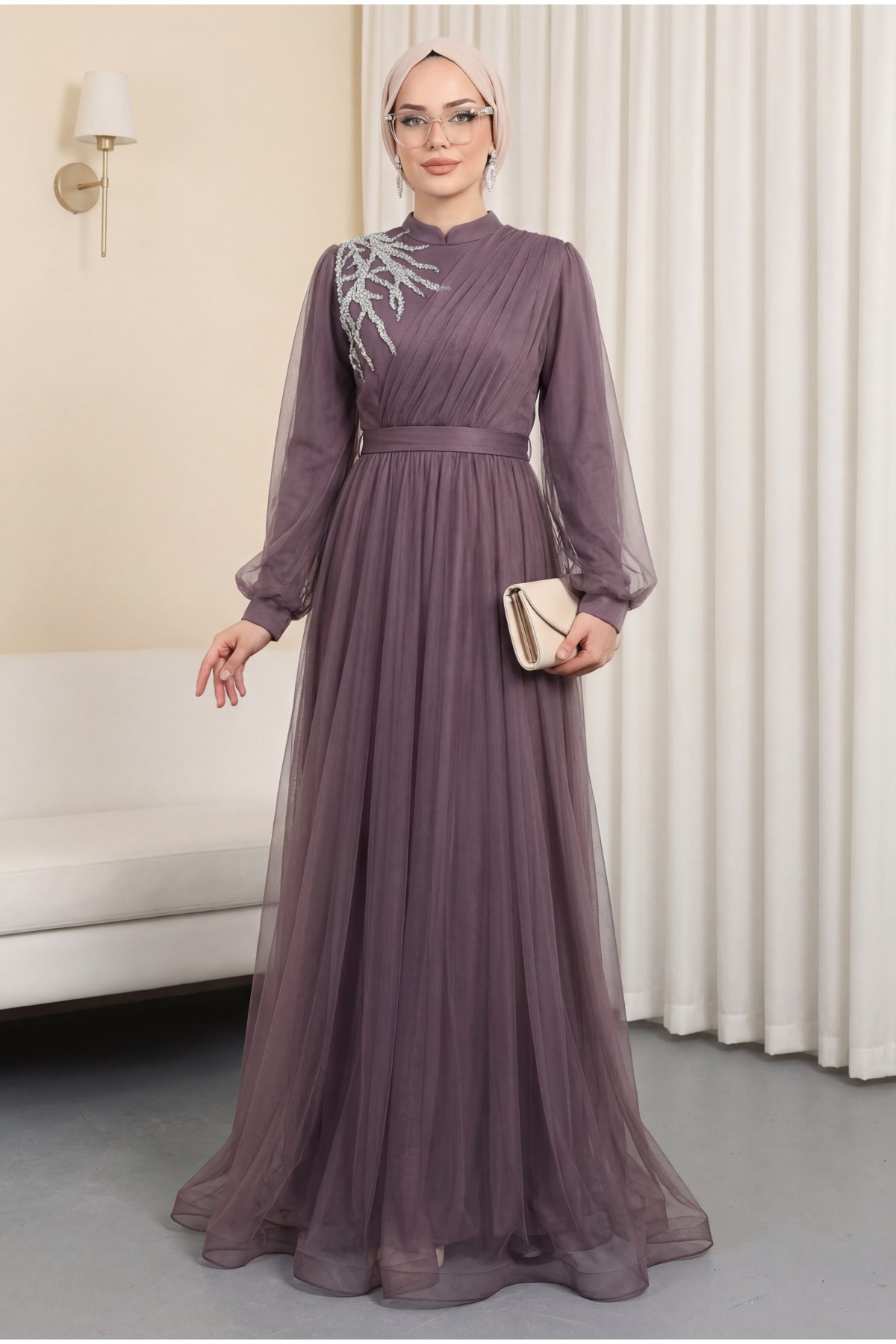 Stone Detailed Draped Belt Tulle Evening Dress -Cherry Color