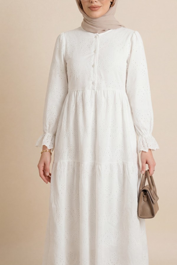 Half-Buttoned Lace Detail Waist Dress -White