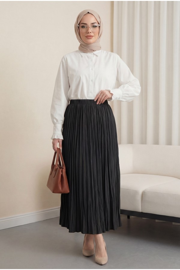 Elastic Waist Flared Skirt -Black