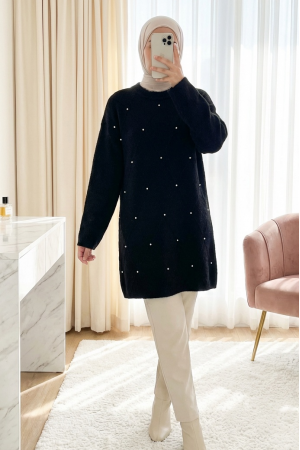 Taş Detaylı Baklava Desen Sakallı Triko Tunik -Siyah