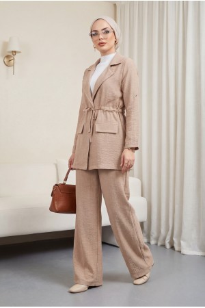 Kapaklı Tünel Köprülü Ceketli Keten Takım -Vizon