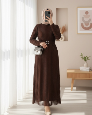 Gemstone Belt Glitter Striped Tulle Plus Size Dress -Brown