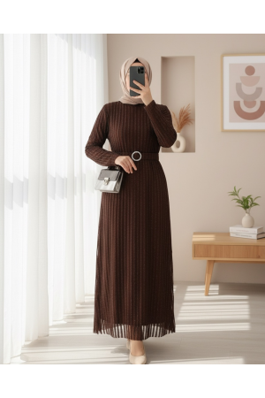 Taşlı Kemerli Sim Çizgili Tüllü Büyük Beden Elbise -Kahve