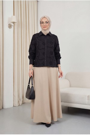 Çiçek Nakışlı Fistolu Düğmeli Mira Gömlek -Siyah