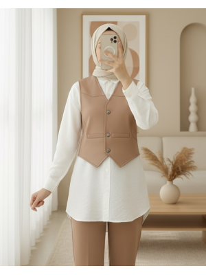 Cep Detaylı Düğmeli Scuba Yelek -Vizon