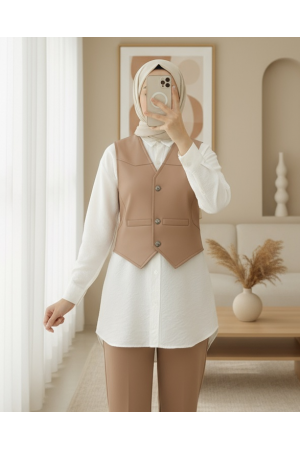 Cep Detaylı Düğmeli Scuba Yelek -Vizon