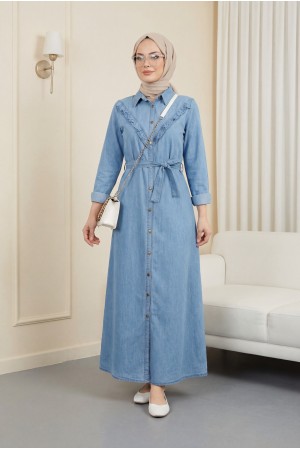 Boydan Düğmeli Beli Bağlamalı Kot Elbise -Mavi