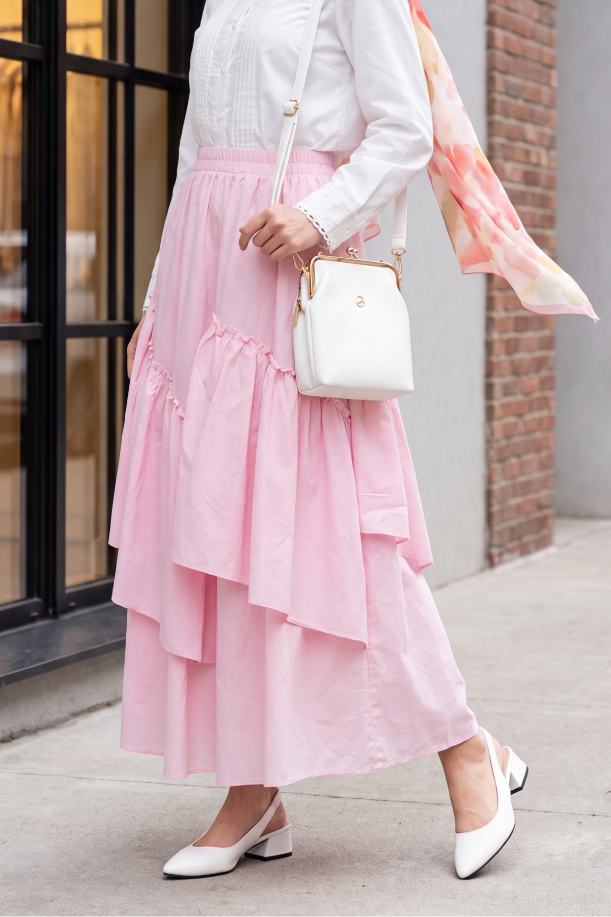 Asymmetrical, Ruffled, Lined Voile Skirt with Elastic Waistband -Pink
