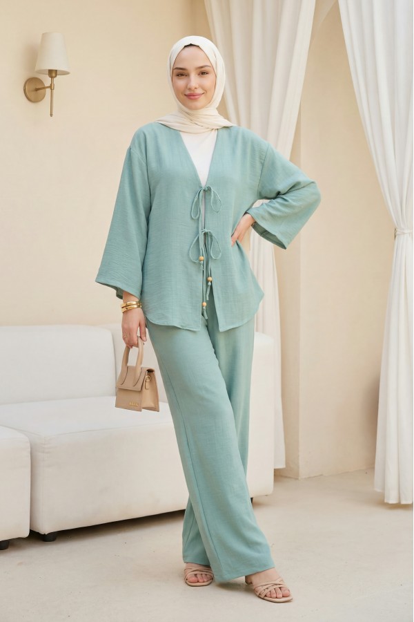 Önü Çift Bağlamalı Pantolonlu Kimono Takım        -Su Yeşili