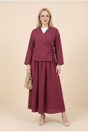 Yandan Bağlamalı Etekli Keten Takım -Bordo