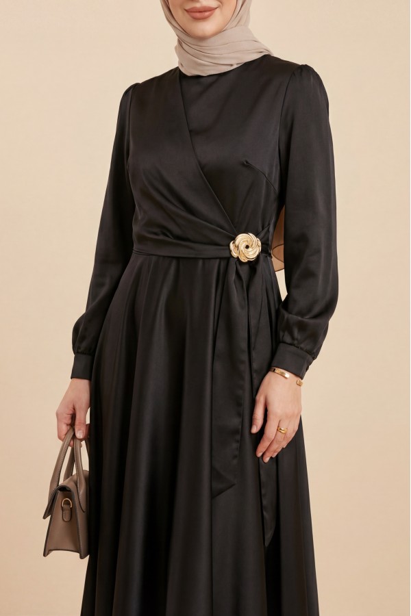 Satin Evening Dress with Side Tie and Buckle Waist -Black