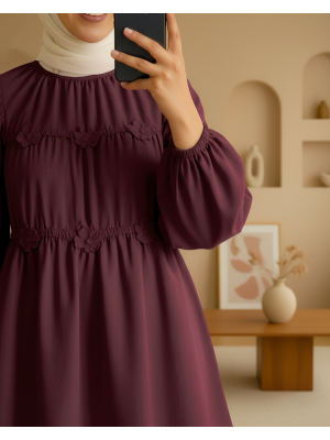 Kolları Lastikli Papatya Detaylı Poplin Tunik -Mürdüm