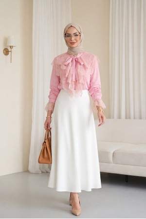 Yakası Bağcıklı Fırfırlı Dantel Detaylı Arkası Uzun Cupra Gömlek   -Pembe