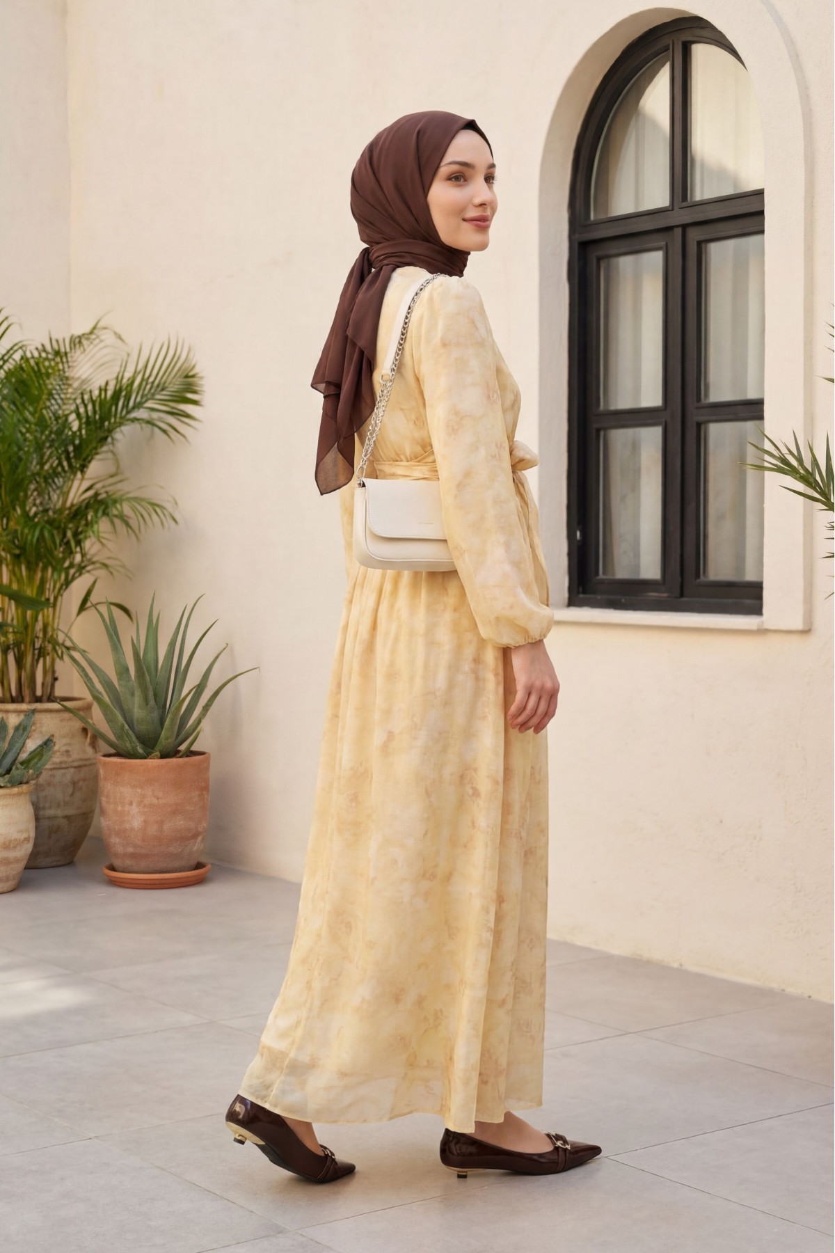 Belted Balloon Sleeve Lined Tulle Voile Dress -Yellow