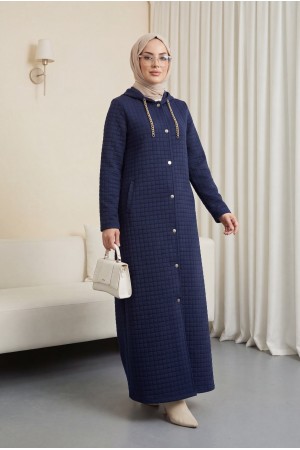 Long Quilted Coat with Chain Detail on Collar  -Navy blue