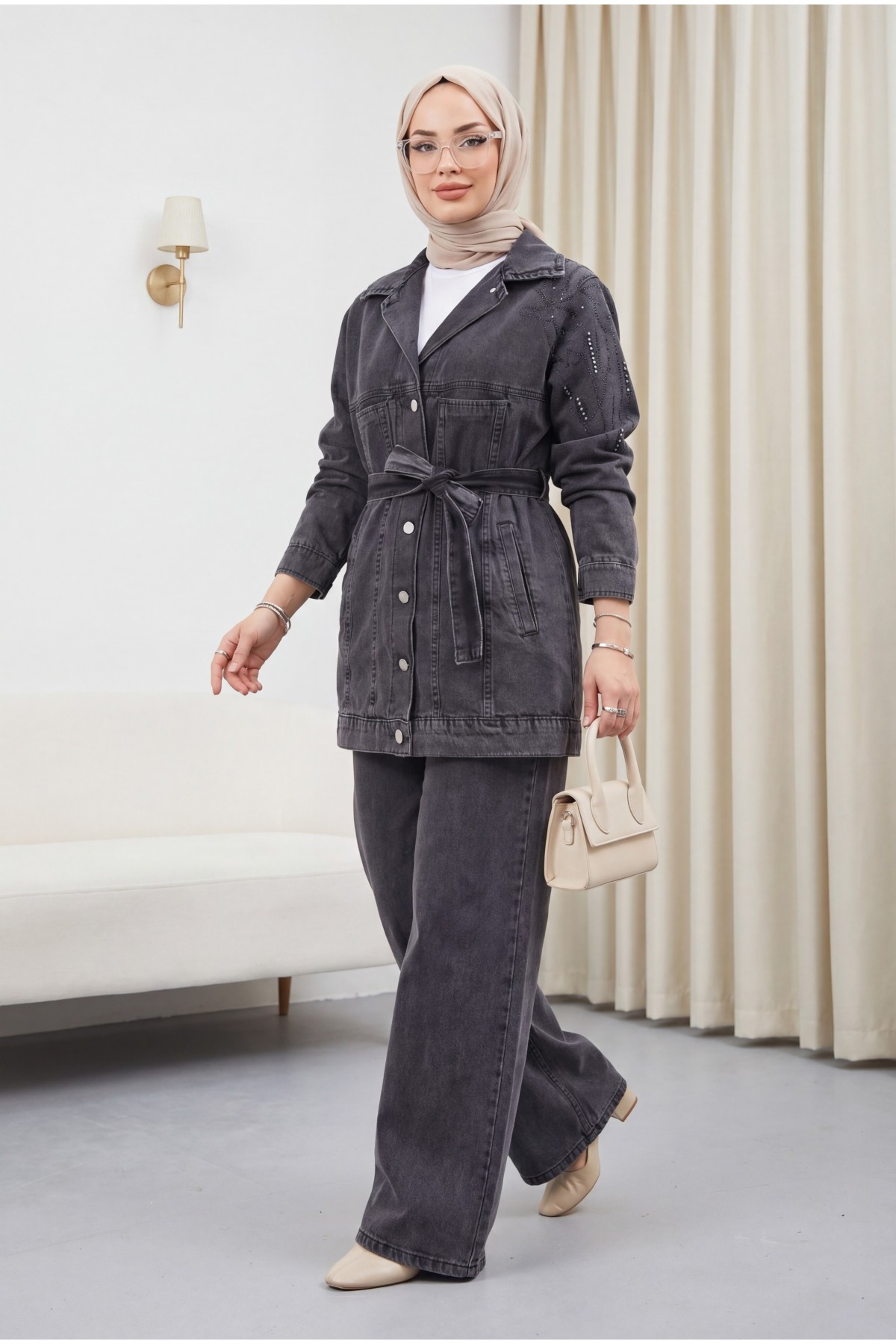 Denim Suit with Pockets, Button-Front, Belted Waist and Rhinestone Embellishments -Anthracite