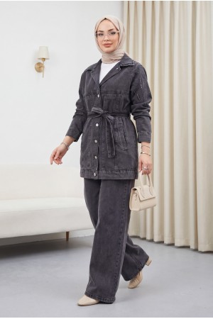 Denim Suit with Pockets, Button-Front, Belted Waist and Rhinestone Embellishments -Anthracite