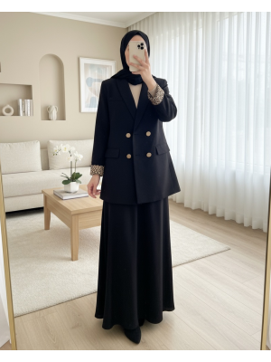 Cep Detaylı Çift Düğmeli Blazer Ceket -Siyah