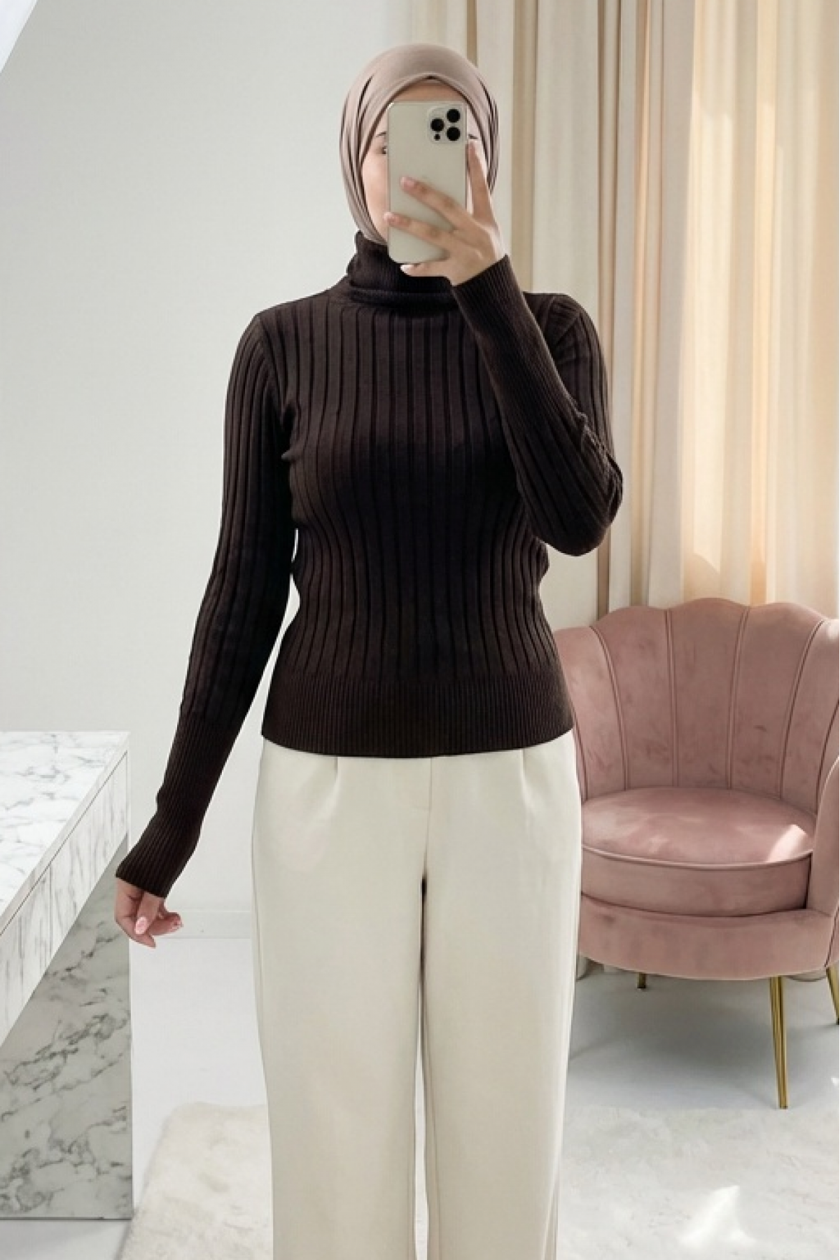 Turtleneck Corduroy Knitwear Sweater       -Dark Coffee